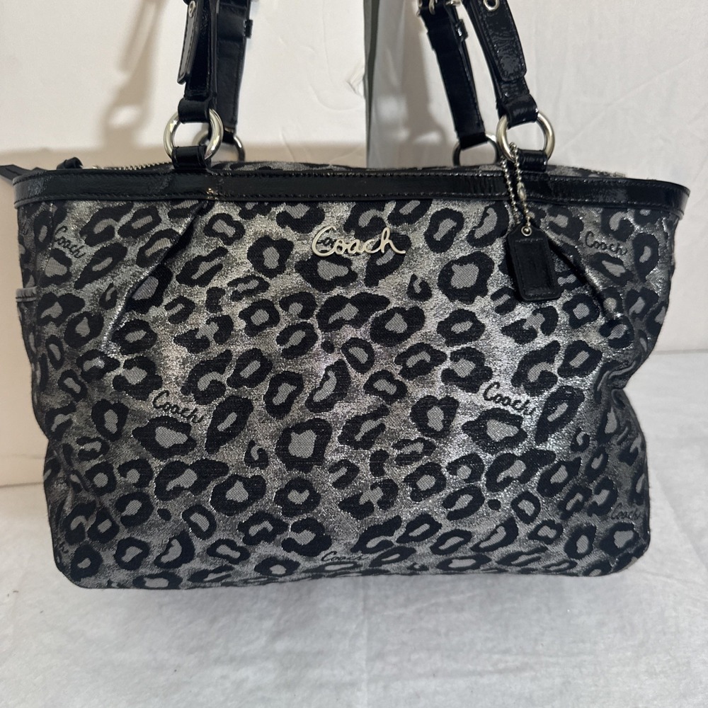 Coach Metallic Ocelot Leopard Animal Print Silver Black Satchel Vintage 14289 - Picture 2 of 13